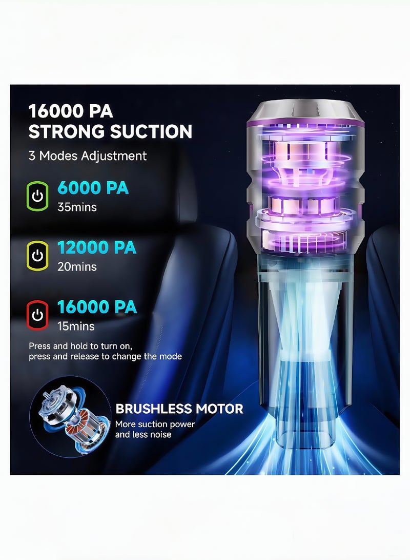Cordless Handheld Vacuum Cleaner, 16kPa Strong Suction Car Vacuum with Brushless Motor, 4-in-1 Air Duster & Blower, LED Light, Type-C Fast Charging, Mini Portable Vacuum for Home & Pet - Image 2